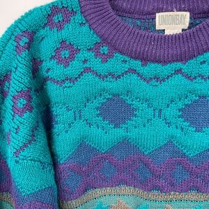 VTG 90s UNIONBAY Sweater Mens Medium Purple Teal Abstract Diamond
